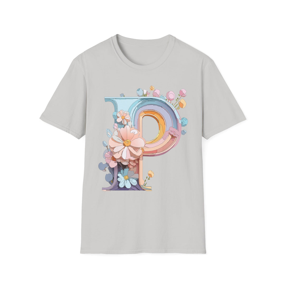 Floral Letter P T-Shirt | Pastel Rainbow Monogram Tee