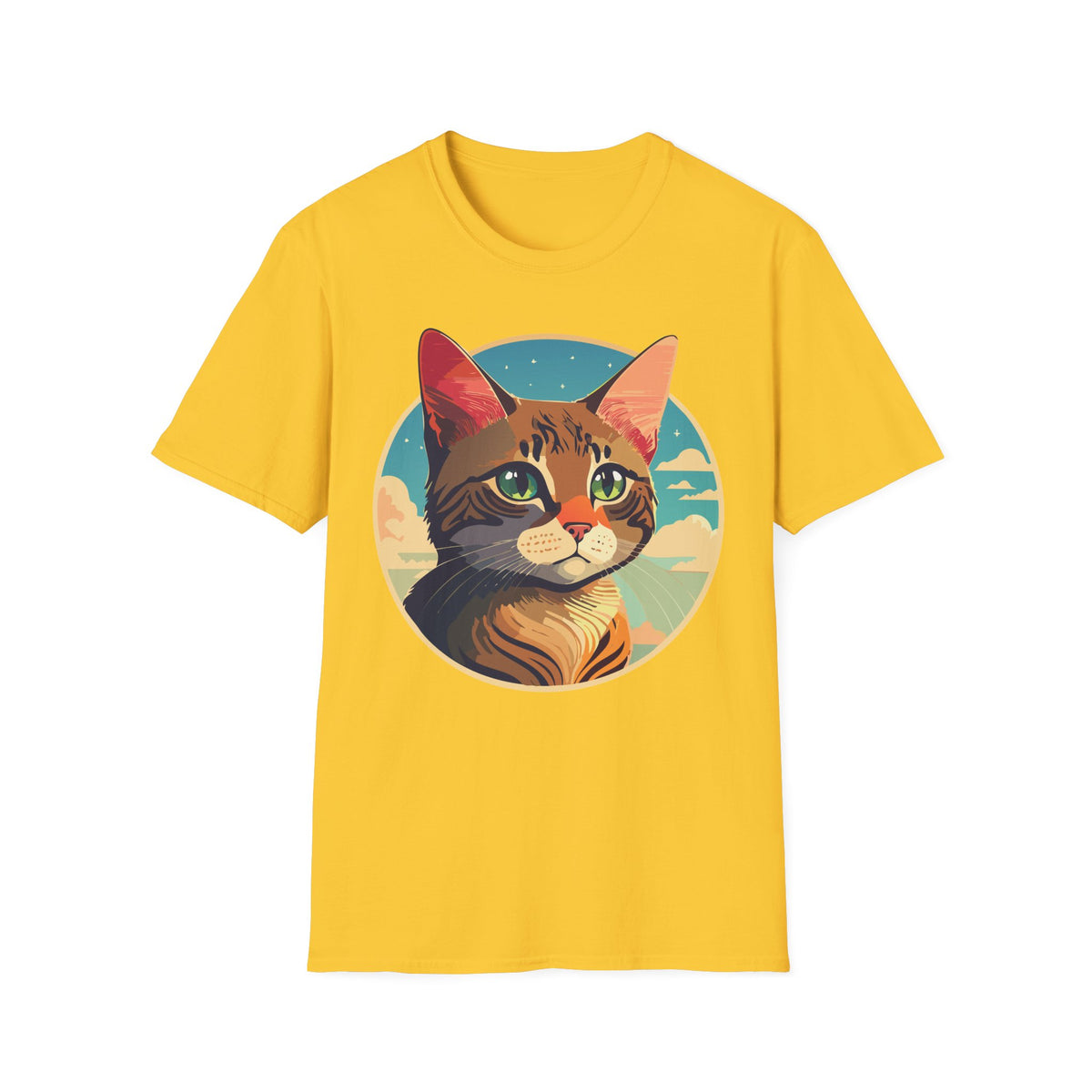 Retro Sunset Tabby Cat T-Shirt | Vintage Cat Portrait, Nautical Sky