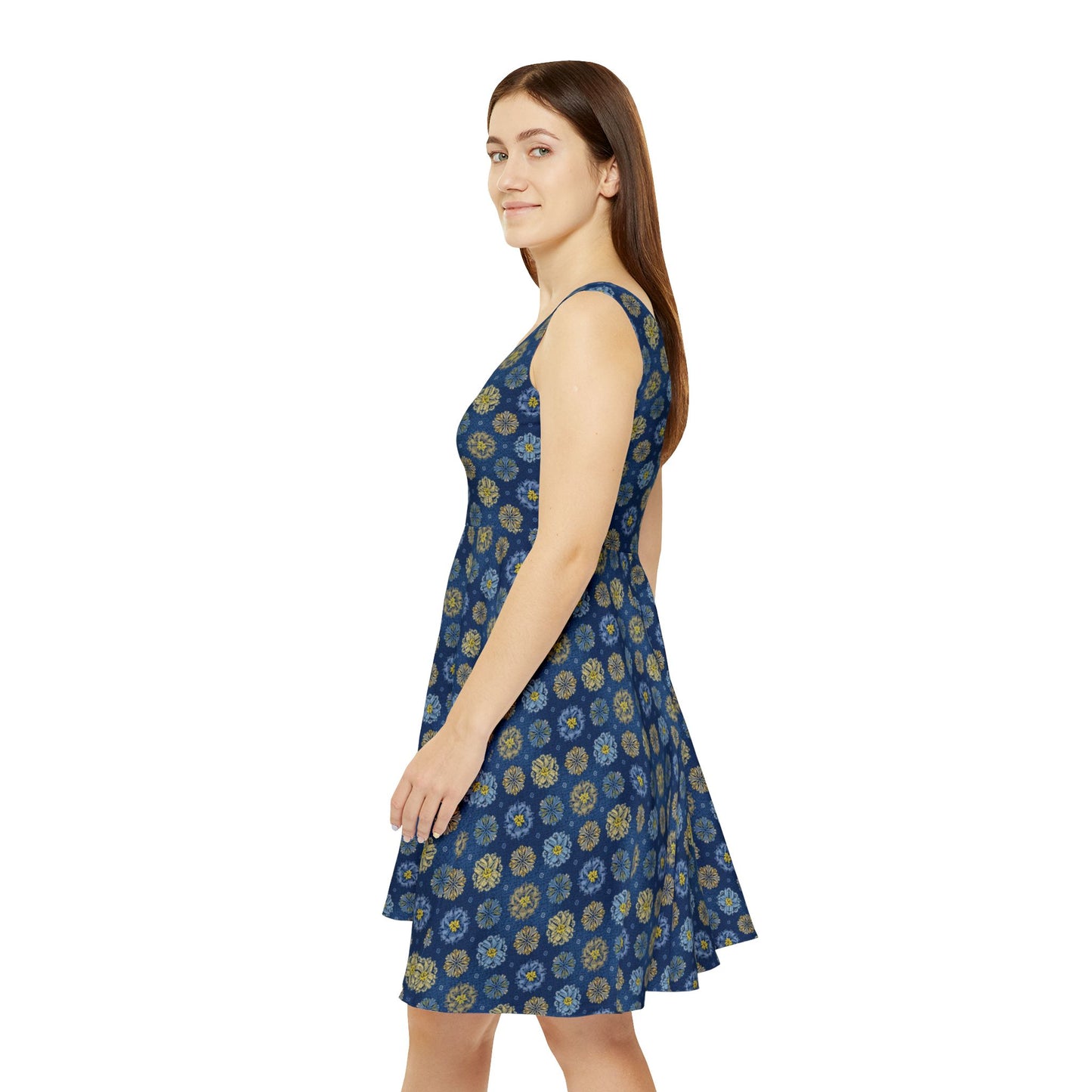 Women Denim Print Skater Dress, Denim Print Poly-Span Dress - 34-2