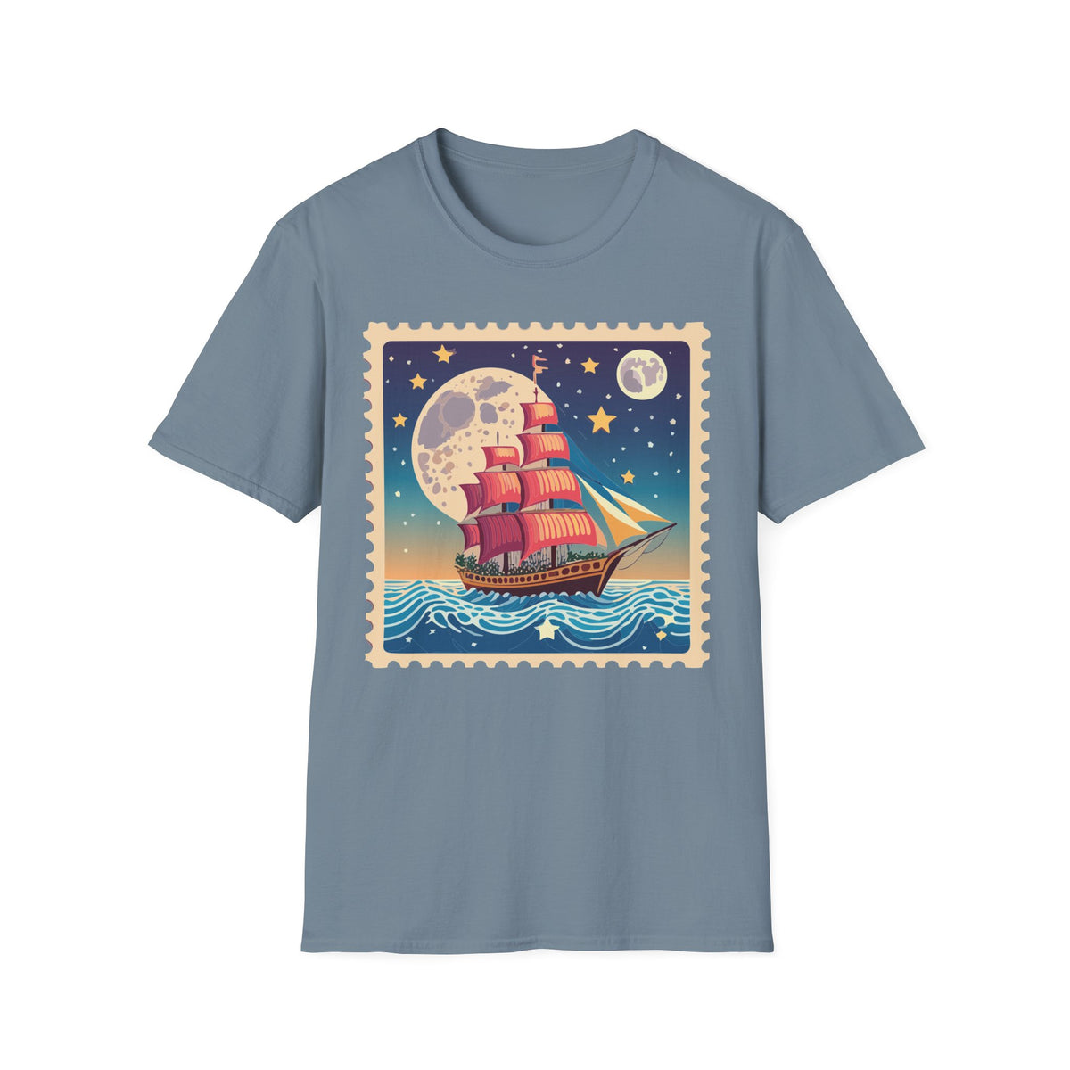 Vintage Sailing Ship Moon Poster T-Shirt | Nautical Ship Illustration