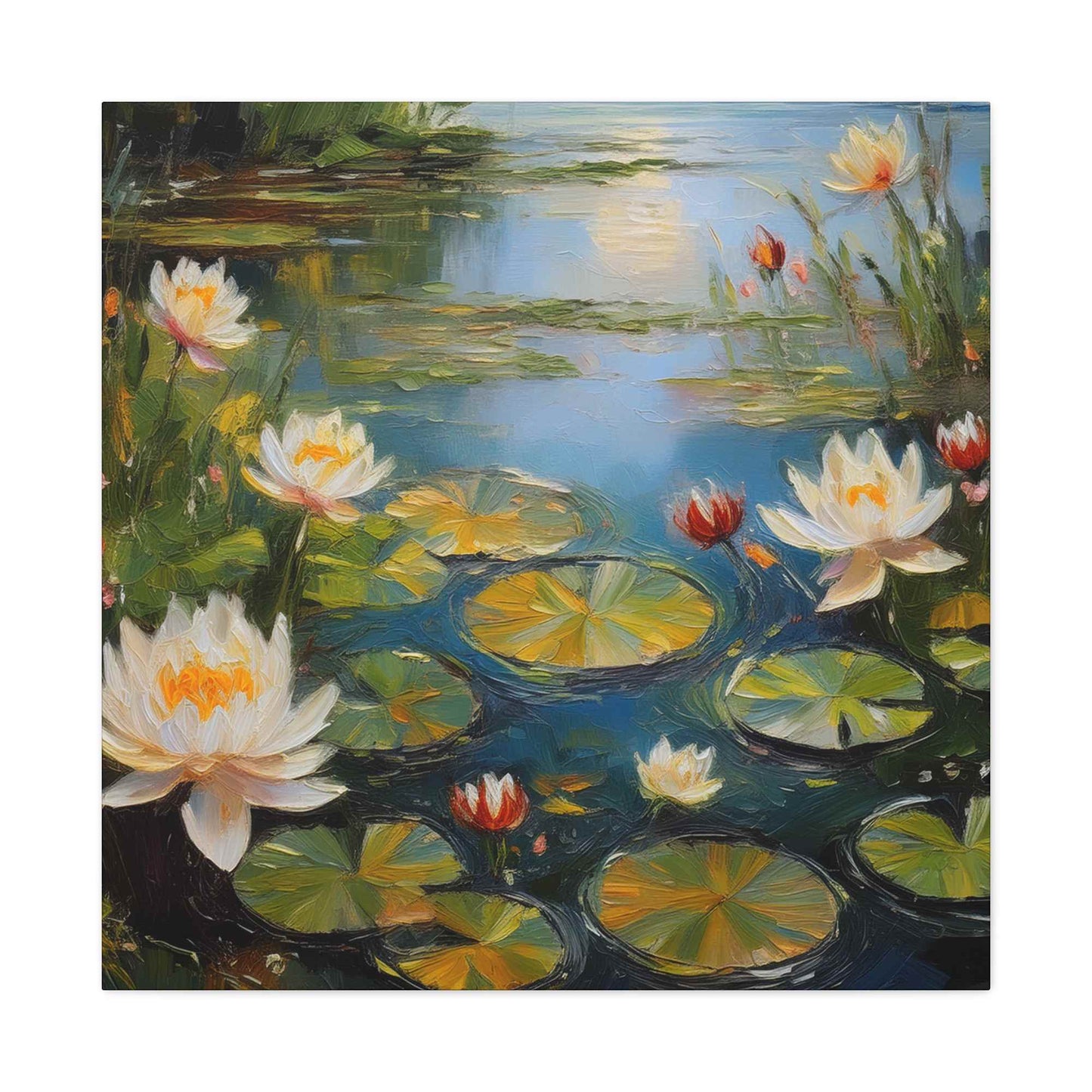 Water Lilies Print Canvas, Oil Paint Print 20x20, 24x24, 30x30, 32x32, 36x36 Floral Art Print Pine-Wood Inner Frame MC-64