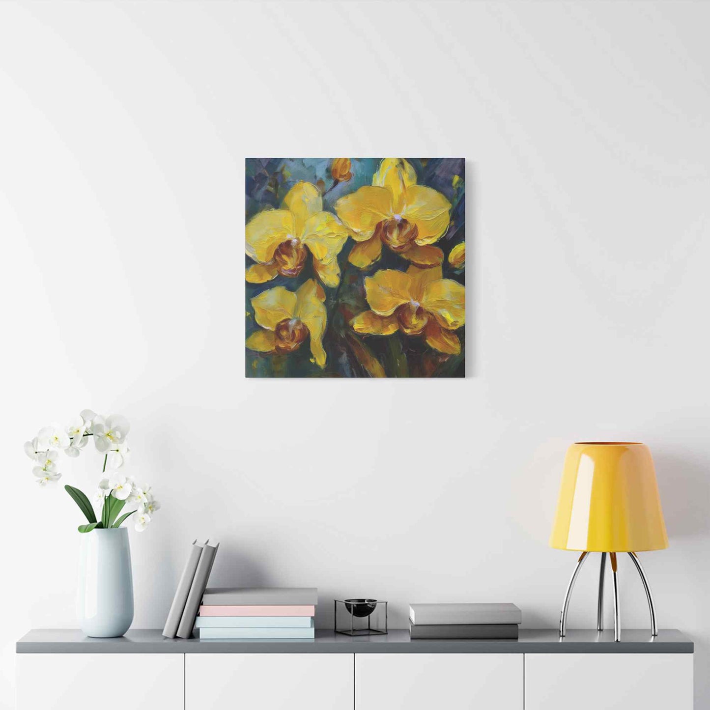 Yellow Orchids Print Canvas, Floral Oil Paint Print 20x20, 24x24, 30x30, 32x32, 36x36 Art Design Pine-Wood Inner Frame MC-138