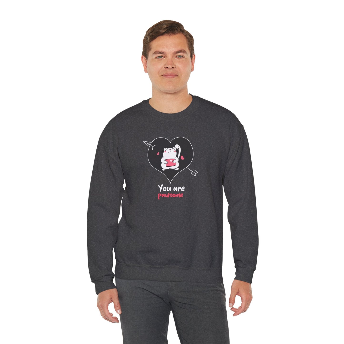 Cat Heart Sweatshirt Unisex Valentines Day Fifty Fifty Cotton Poly Crewneck Gildan 18000