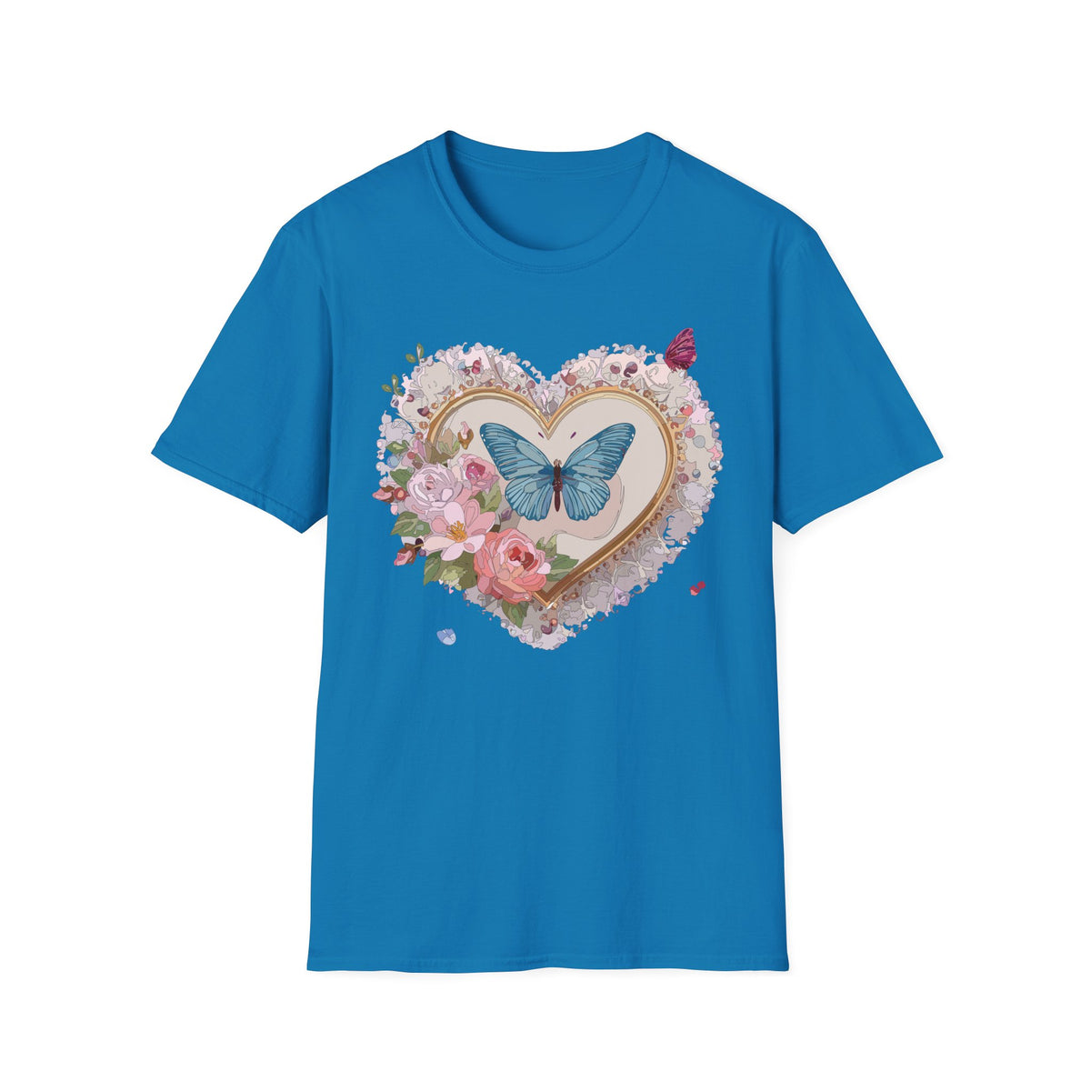 Butterfly Heart T-Shirt — Floral Blue Butterfly Graphic Tee Unisex 100 Cotton Gildan T-Shirt
