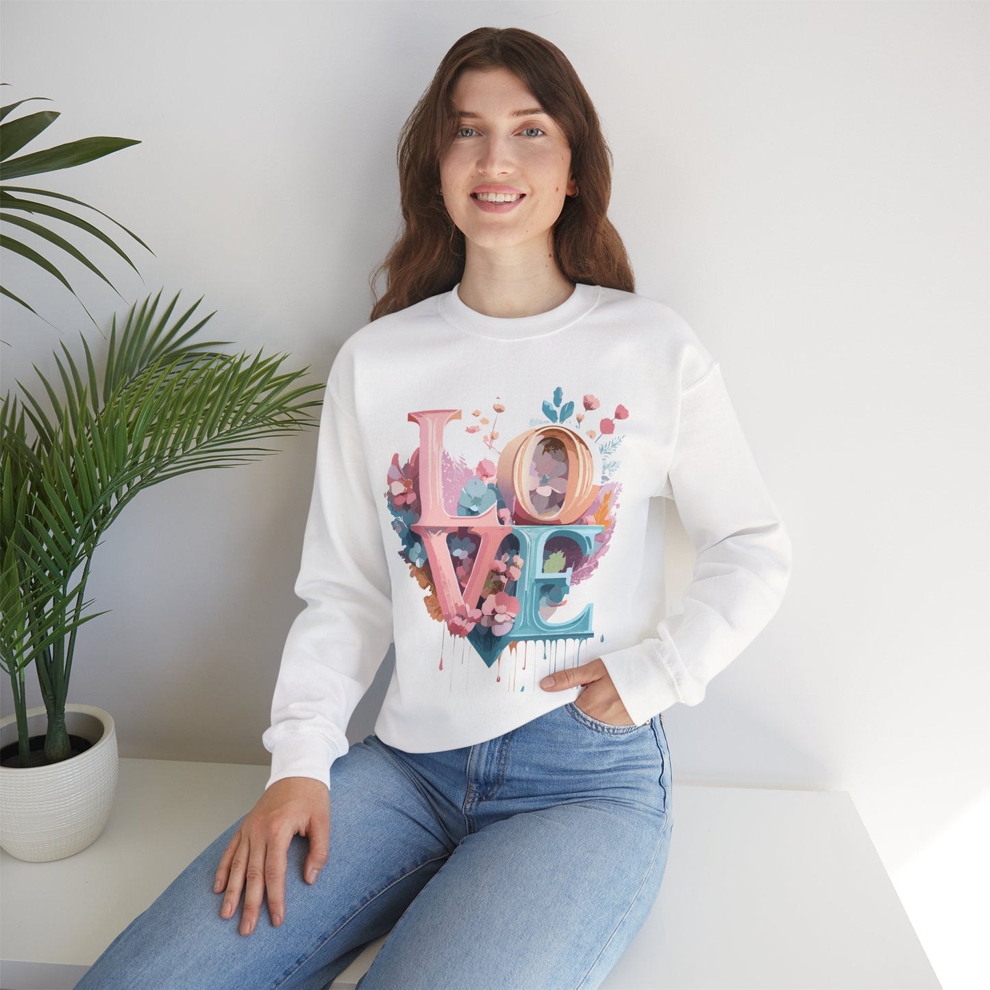 Floral Love Sweatshirt For Valentines Day Unisex Crewneck Fifty Fifty Cotton Polyester