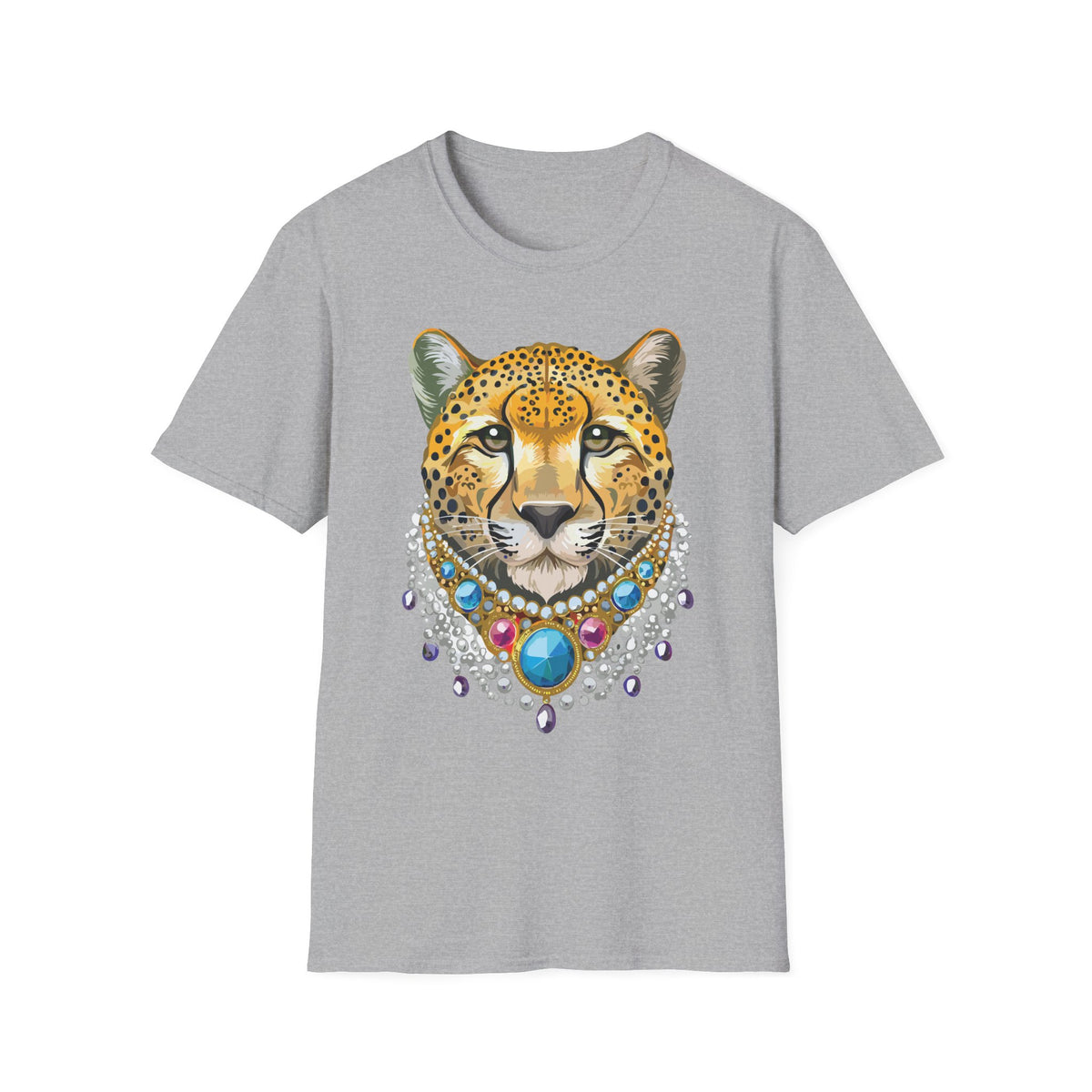 Leopard Portrait T-Shirt | Detailed Cheetah Face with Gem Necklace
