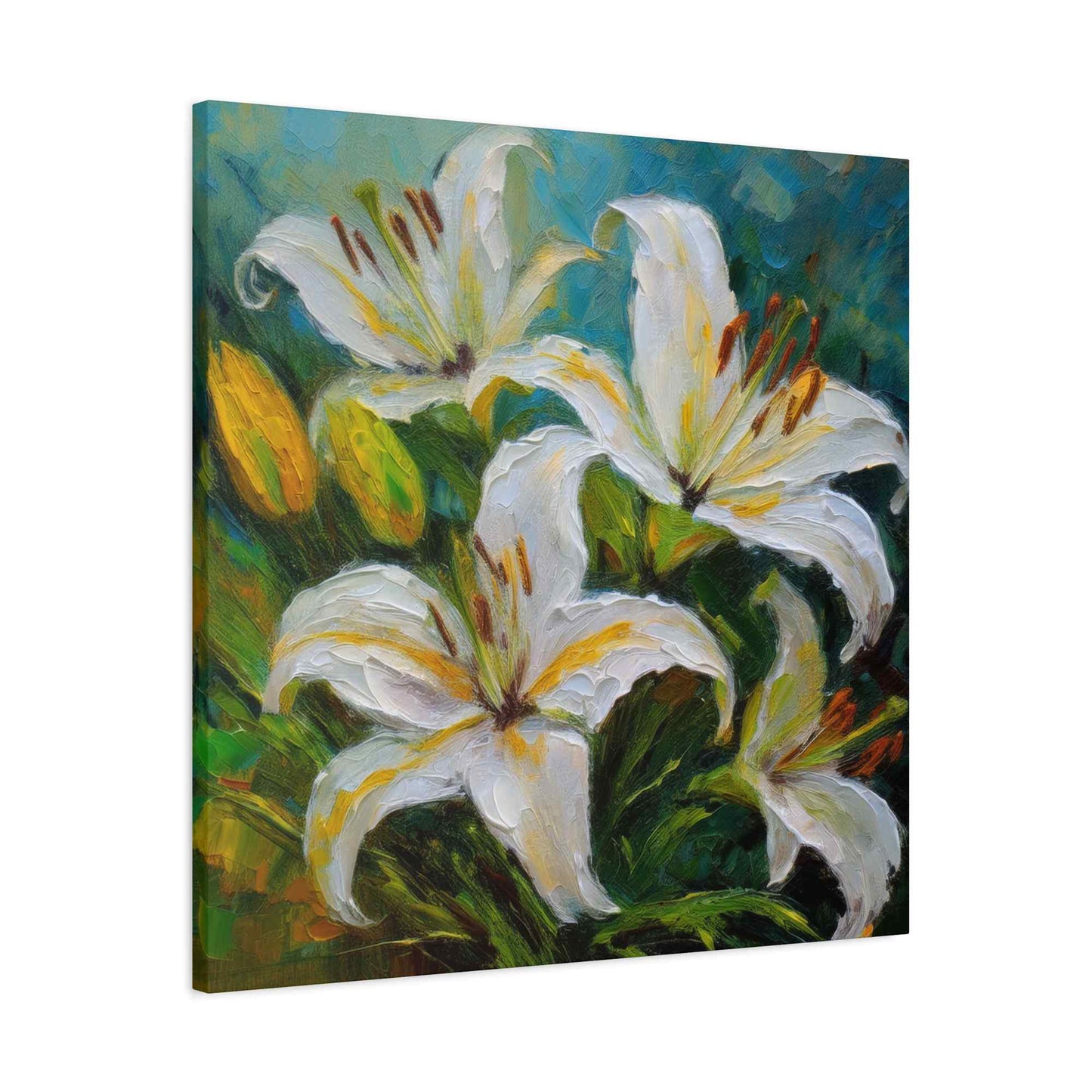 White Lilies Print Canvas, Floral Oil Paint Print 20x20, 24x24, 30x30, 32x32, 36x36 Art Design Pine-Wood Inner Frame MC-153
