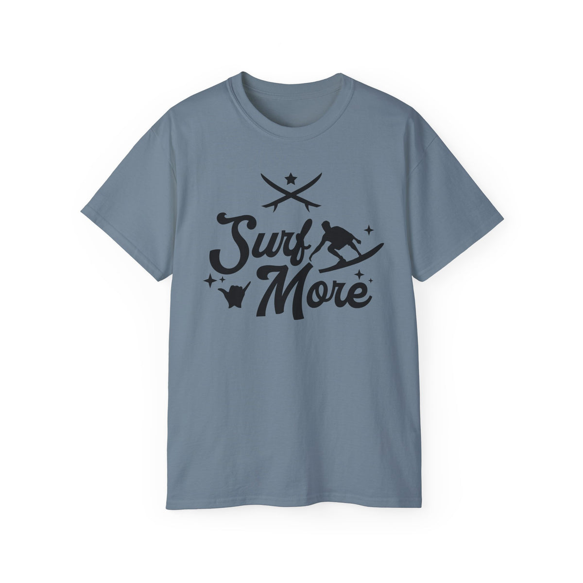 Surf More surfboard graphic Tee | surfer silhouette, waves, retro script