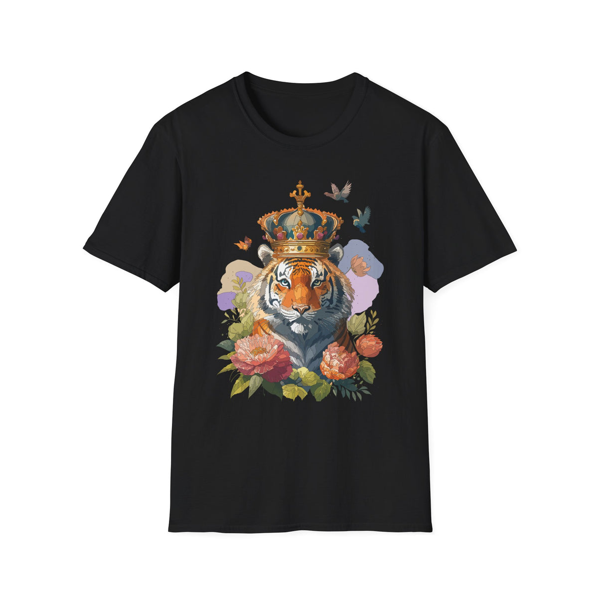 Crowned Tiger Illustration T-Shirt | Floral, Birds, Regal Wildlife Art - Unisex 100 Cotton Gildan 64000