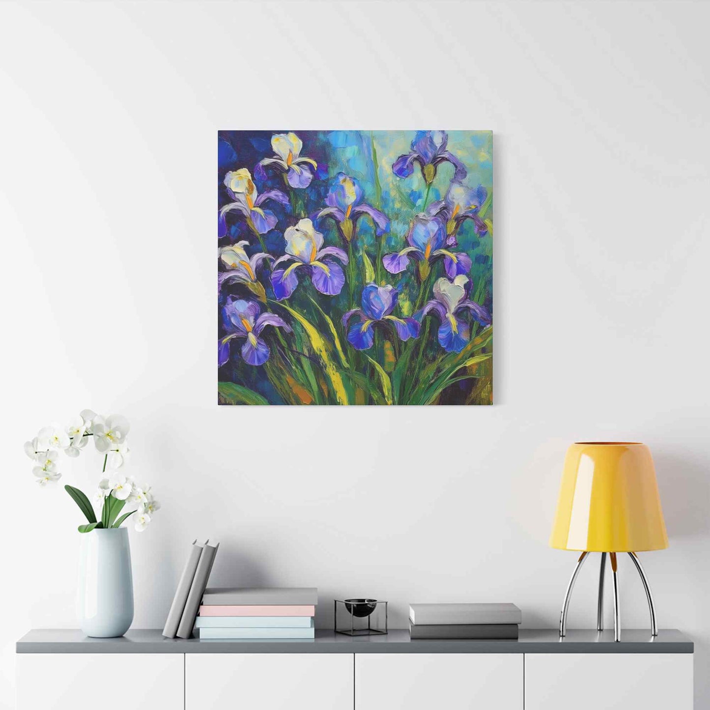 Irises Floral Print Canvas, Floral Oil Paint Print 20x20, 24x24, 30x30, 32x32, 36x36 Art Design Pine-Wood Inner Frame MC-188