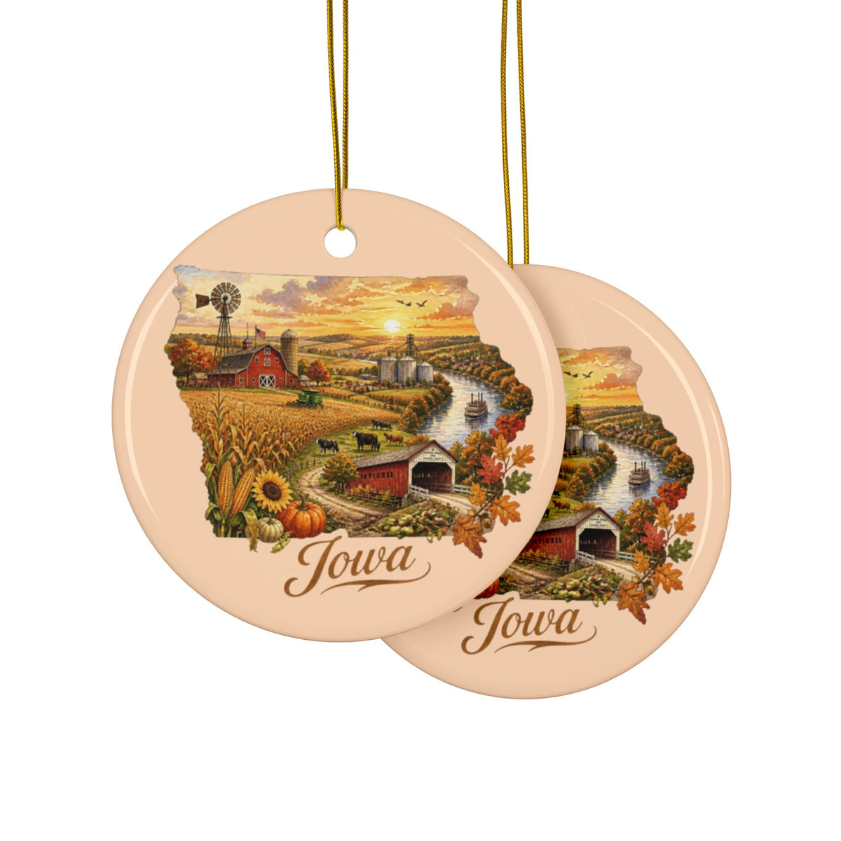Iowa Farm Scene Ceramic Ornament | Round Double-Sided Land Of Corn - 2.99" Includes Gold String