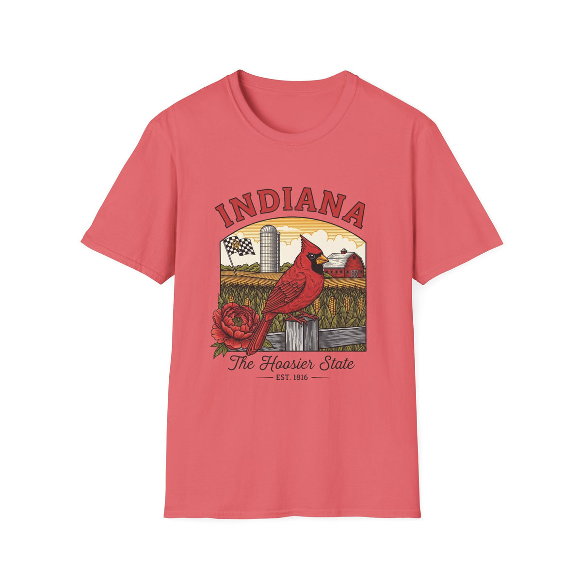 Indiana Cardinal Bird Tee — The Hoosier State Vintage Farm Design Travel Tourist Graphic Design Unisex 100 Cotton Gildan T-Shirt