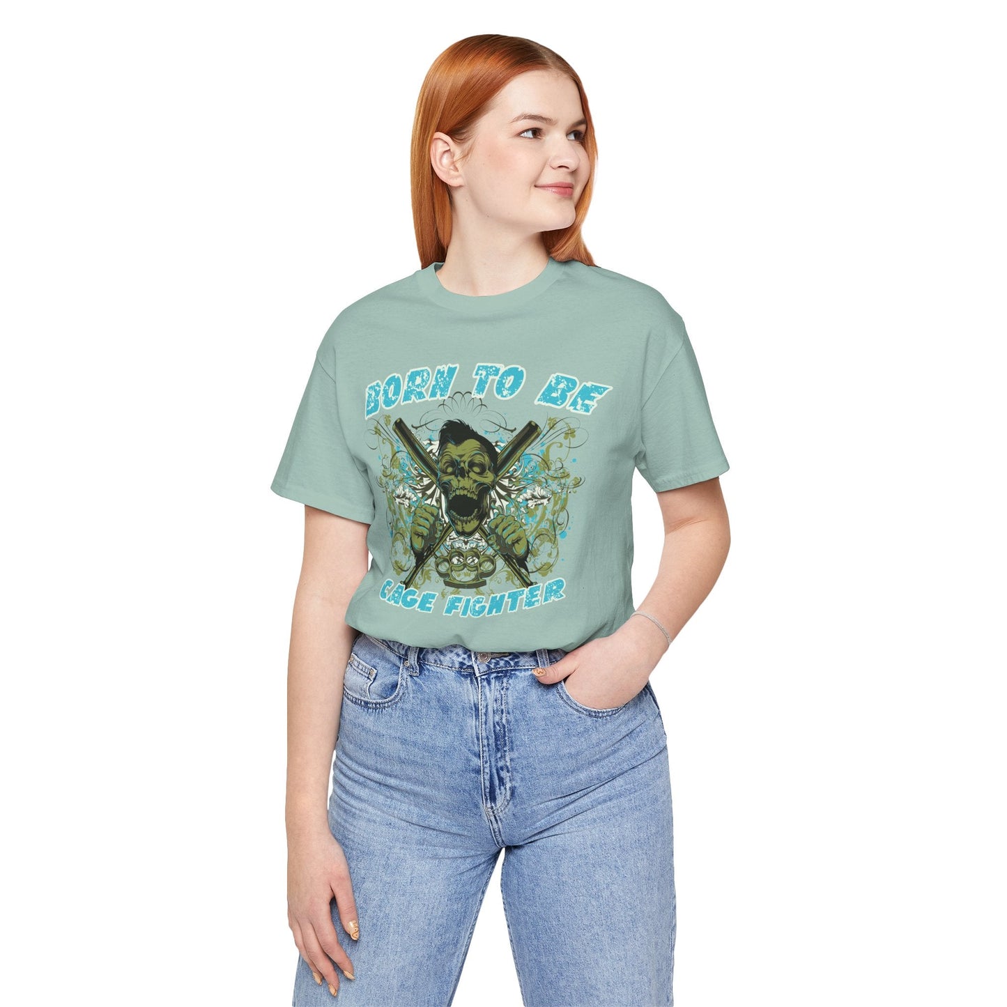 Born To Be Cage Fighter Tee Skull Crossed Knives Graphic T-Shirt