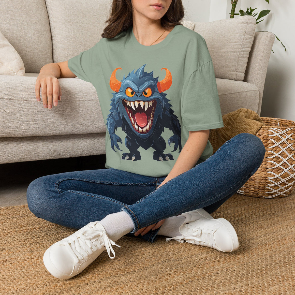Monster Graphic T-Shirt — Fierce Blue Horned Creature Cartoon Graphic Tee Unisex 100 Cotton Gildan T-Shirt