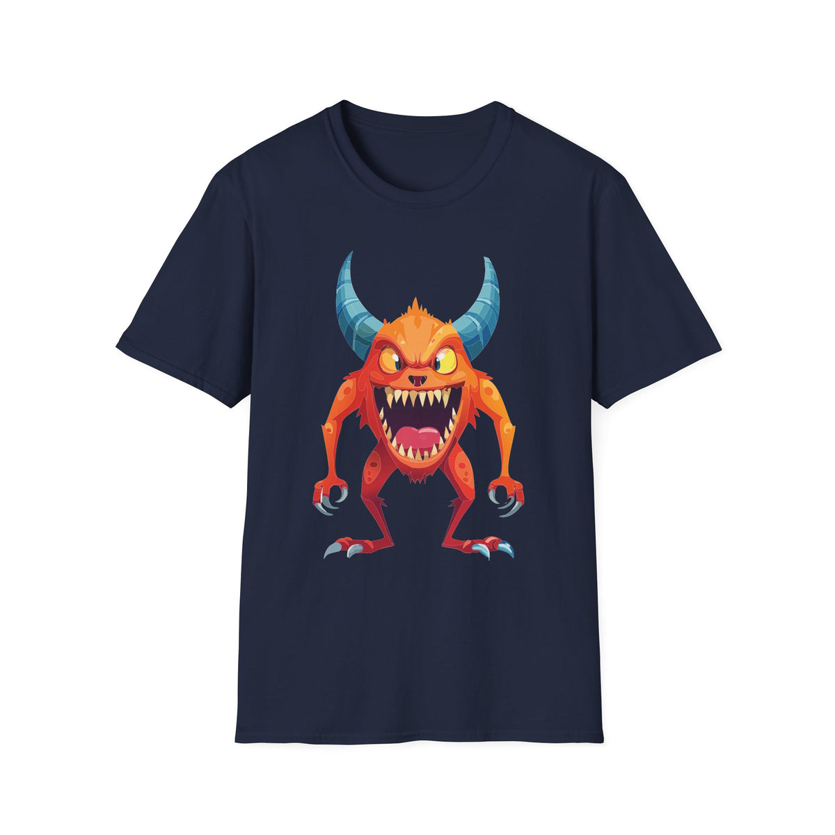 Orange Horned Monster T-Shirt — Cute Scary Cartoon Tee for Kids & Halloween Cartoon Graphic Tee Unisex 100 Cotton Gildan T-Shirt