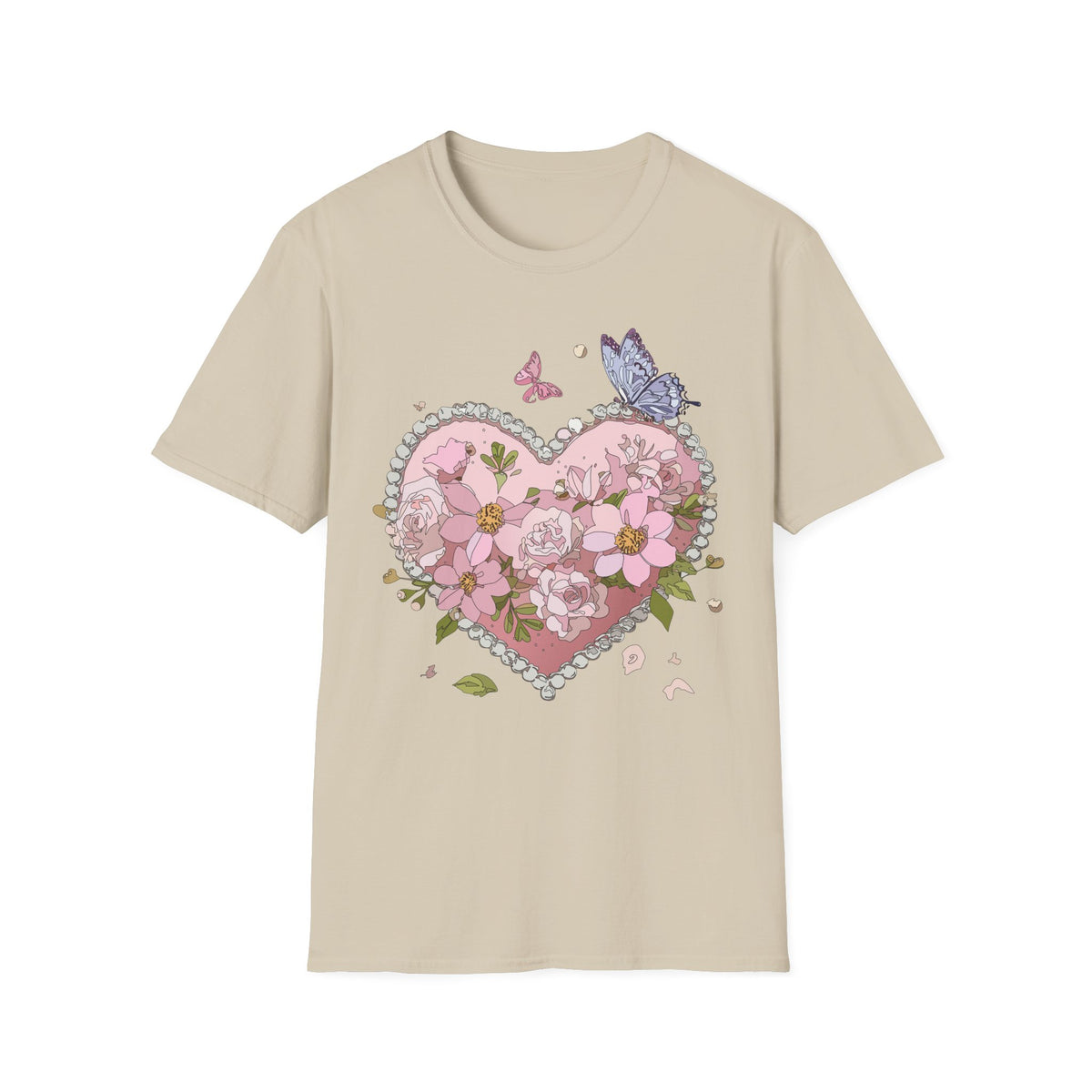 Floral Heart with Butterflies T-Shirt | Pink Flower Heart Graphic Tee Unisex 100 Cotton Gildan T-Shirt