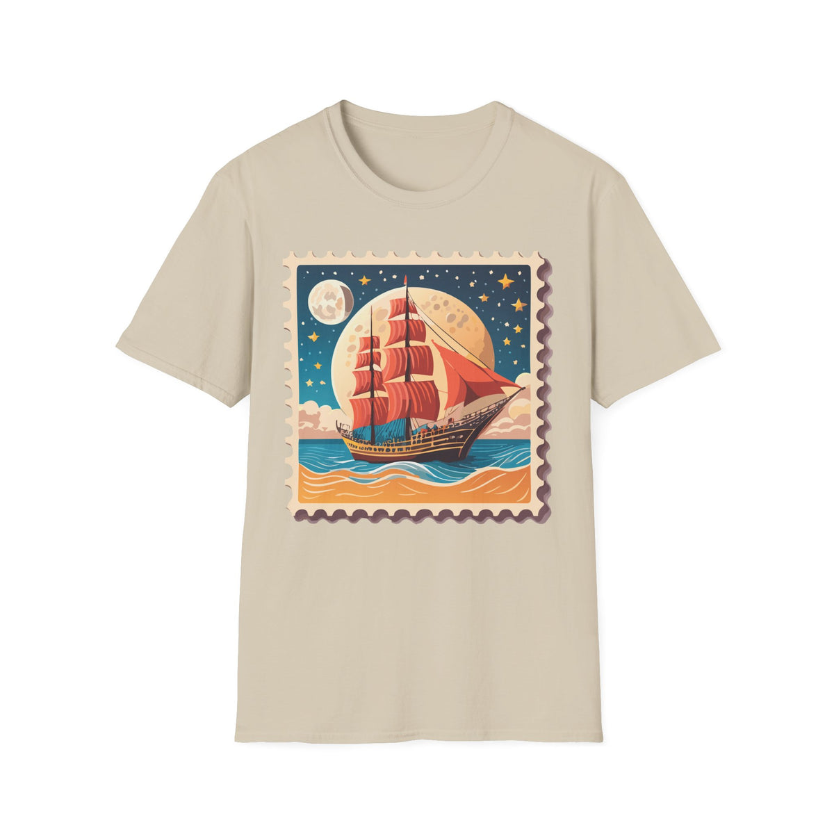 Vintage Sailing Ship Stamp T-Shirt | Retro Moonlit Ocean Illustration
