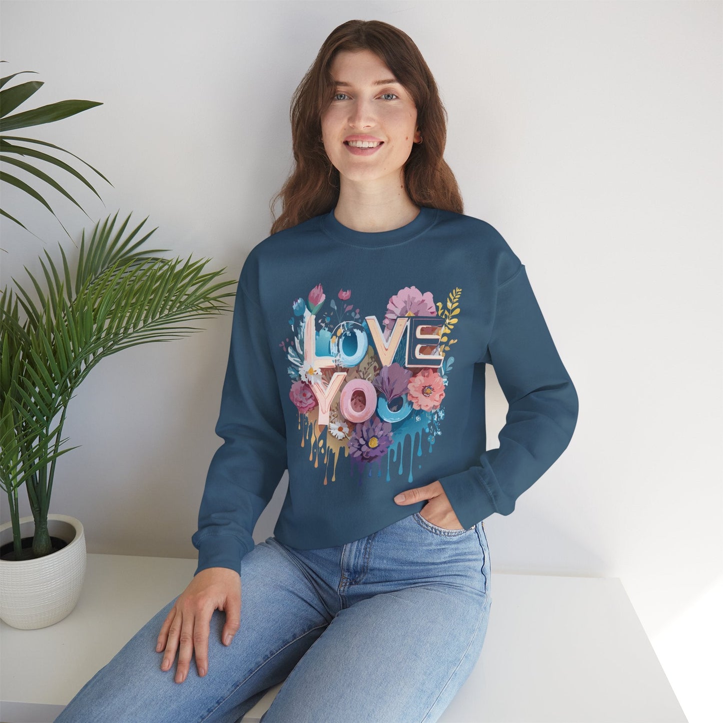 Floral Love Sweatshirt Unisex Heavy Blend Crewneck Valentine Day Flower Print Cozy Fleece Warm Gift
