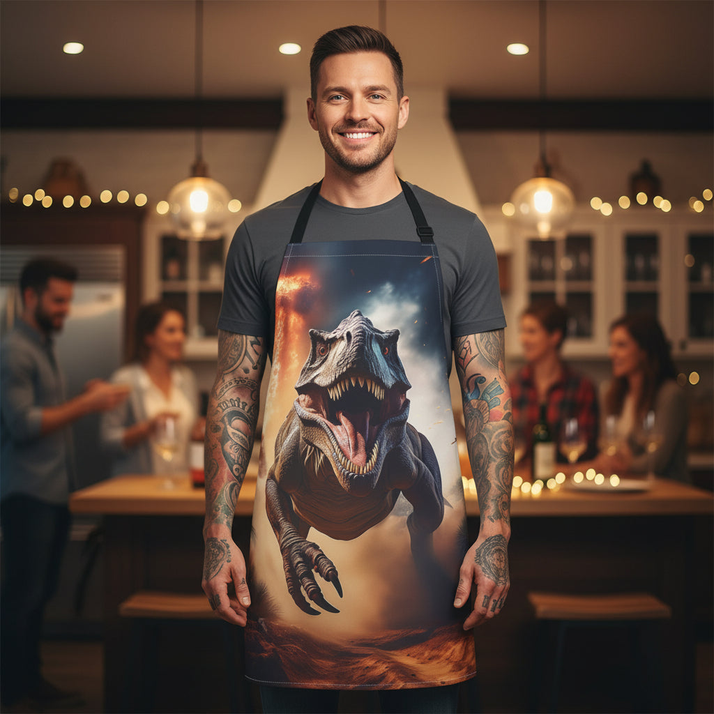 T-Rex Attack Apron — Dinosaur Chef Apron with Full-Print Jurassic Design Stain-Resistant - Art Print Canvas Apron
