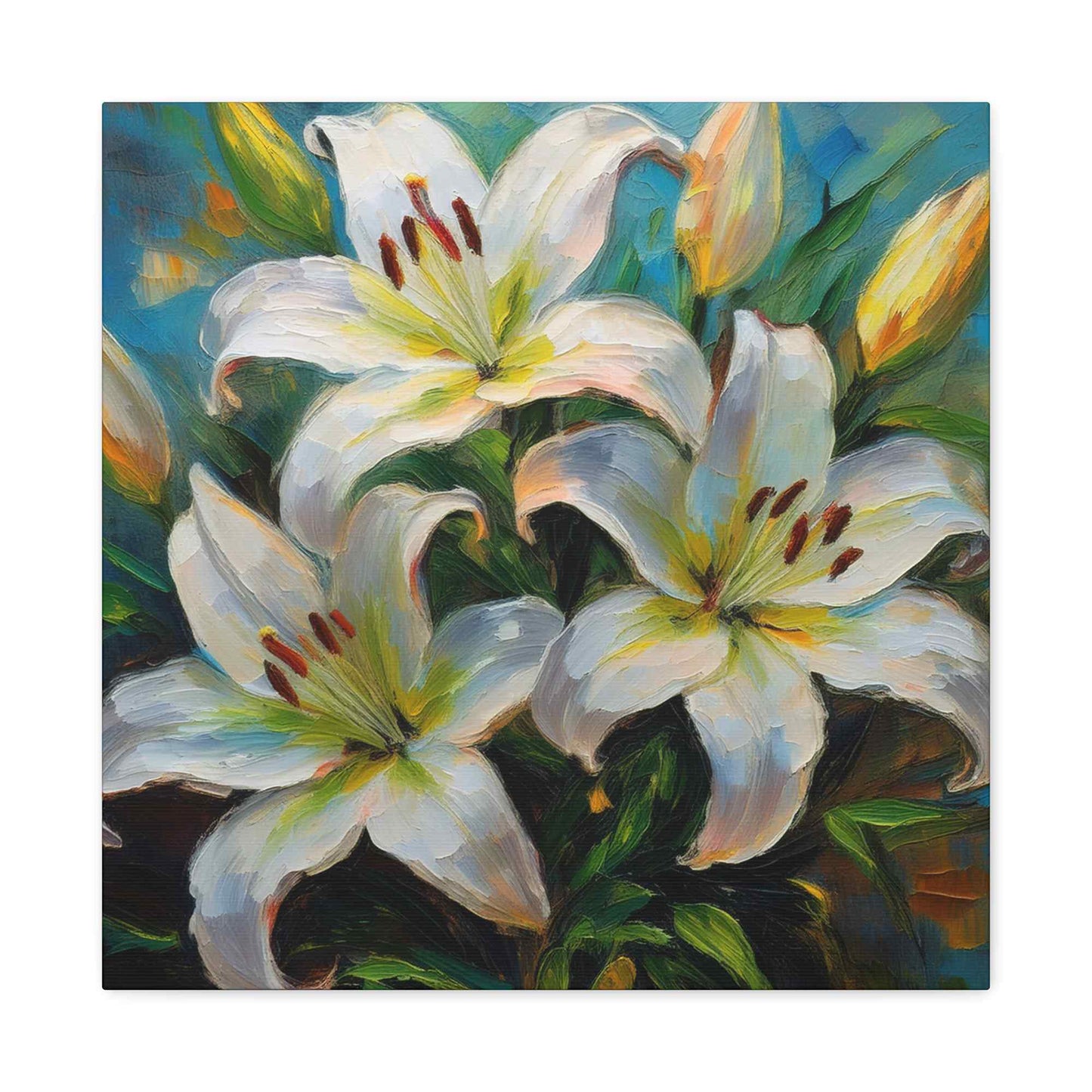 White Lilies Print Canvas, Floral Oil Paint Print 20x20, 24x24, 30x30, 32x32, 36x36 Art Design Pine-Wood Inner Frame MC-154