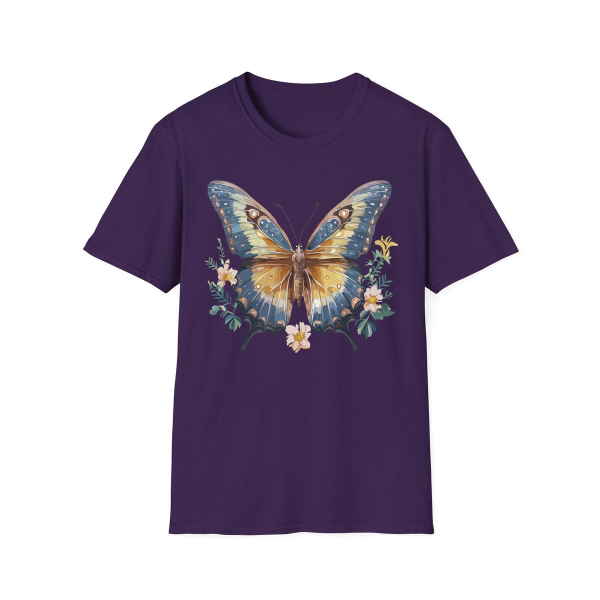 Golden Blue Butterfly T-Shirt | Botanical Accent Graphic Tee Unisex 100 Cotton Gildan T-Shirt