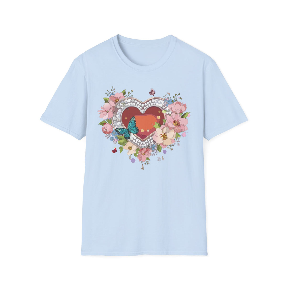 Heart with Floral Wreath and Butterfly T-Shirt | Romantic Floral Tee