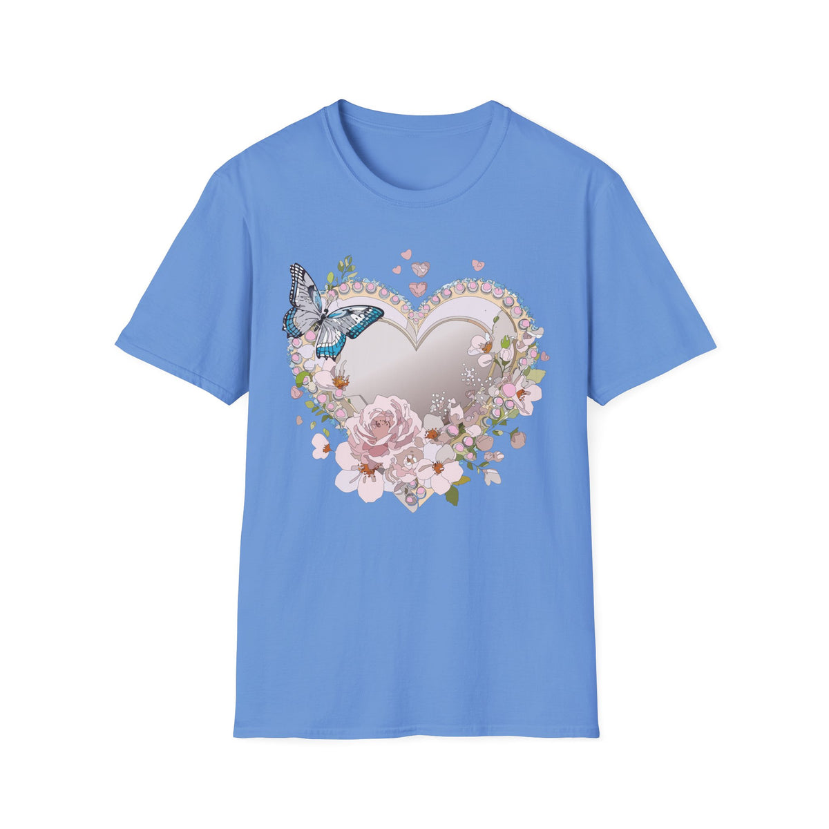 Floral Heart with Butterfly T-Shirt | Romantic Pastel Garden Graphic Tee Unisex 100 Cotton Gildan T-Shirt