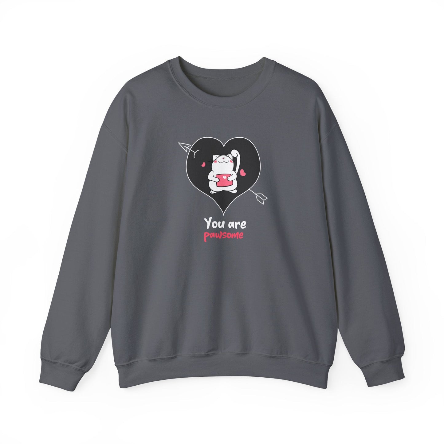Cat Heart Sweatshirt Unisex Valentines Day Fifty Fifty Cotton Poly Crewneck Gildan 18000