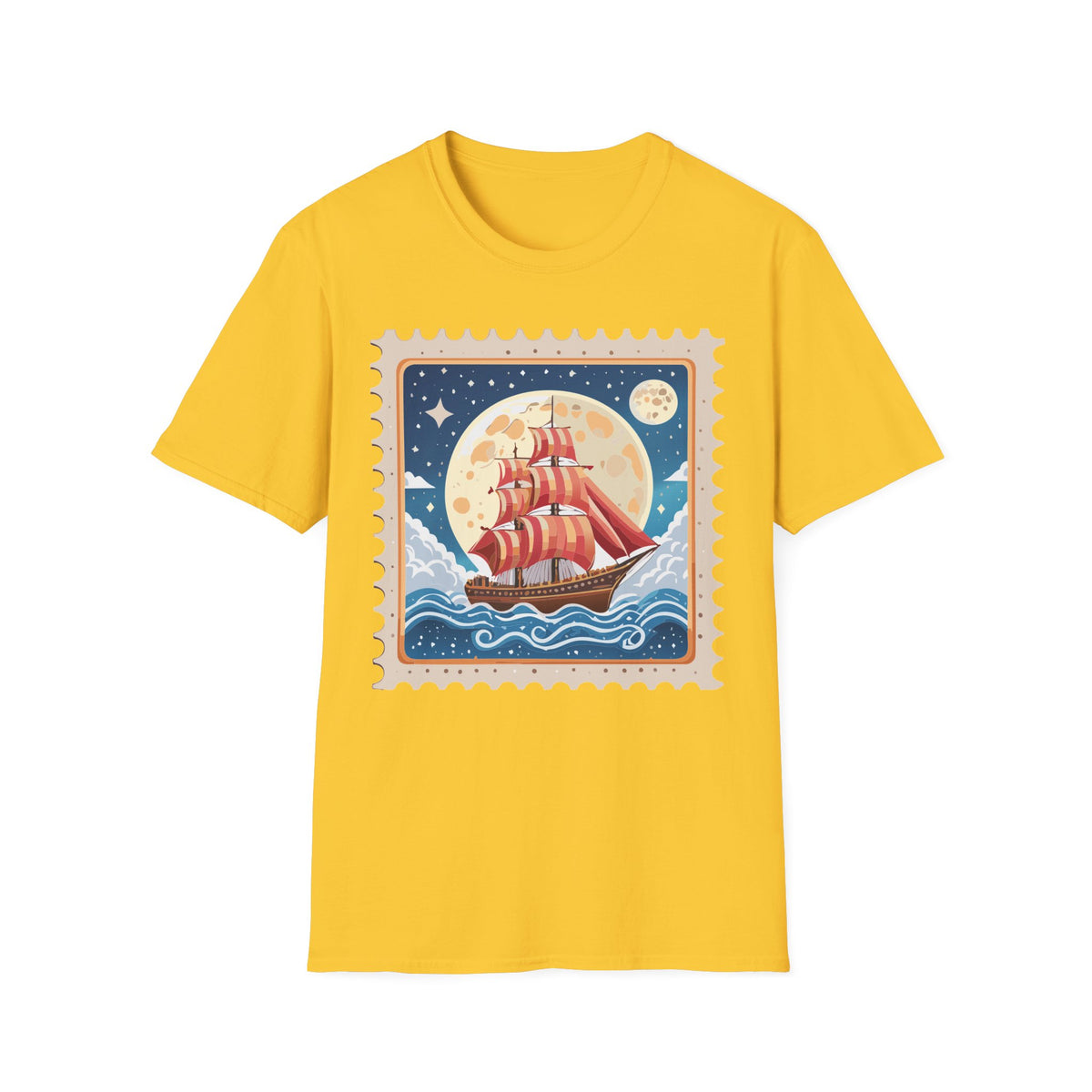 Red Sail Ship Moon Stamp T-Shirt | Nautical Vintage Illustration