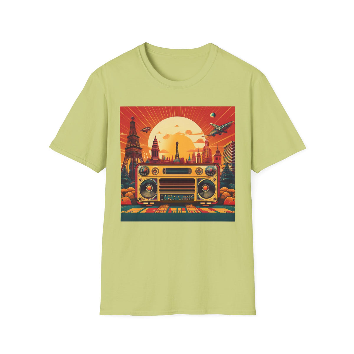 Retro Boombox Sunset Cityscape Graphic Posters, Post Stamps Design Unisex 100 Cotton Gildan T-Shirt