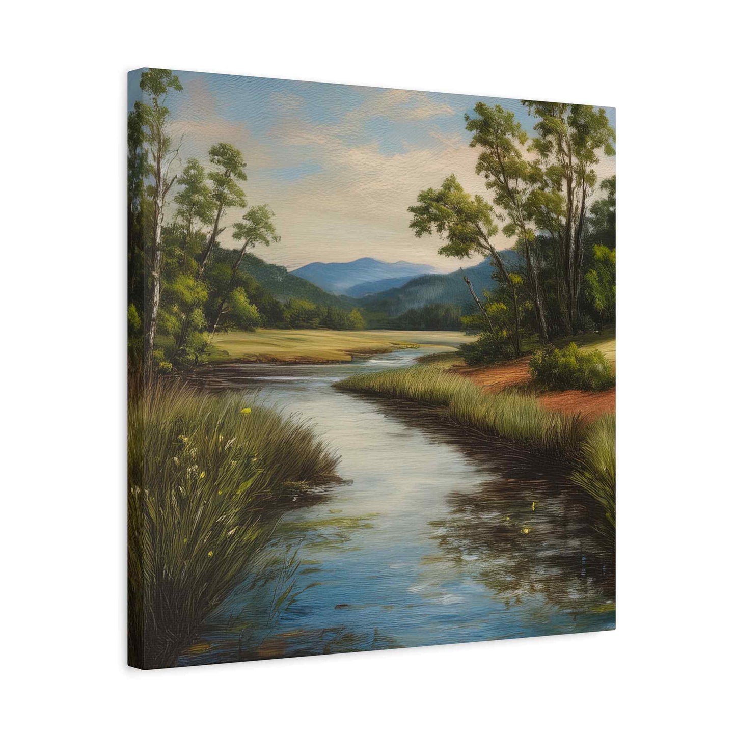 River Print Canvas, Landscape Oil Paint Print 20x20, 24x24, 30x30, 32x32, 36x36 Art Design Print Pine-Wood Inner Frame MC-50
