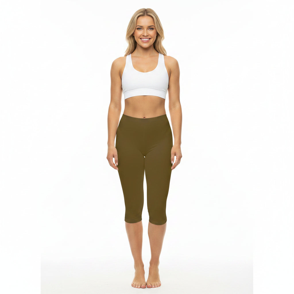Olive Bark Color Women's Brushed Suede Poly Span Casual Capri Leggings XS-2XL