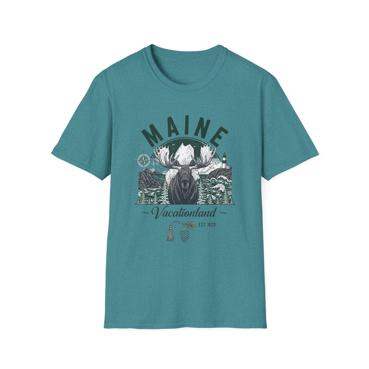 Maine Vacationland Moose T-Shirt — Rustic Coastal State Pride Tee Travel Tourist Graphic Design Unisex 100 Cotton Gildan T-Shirt