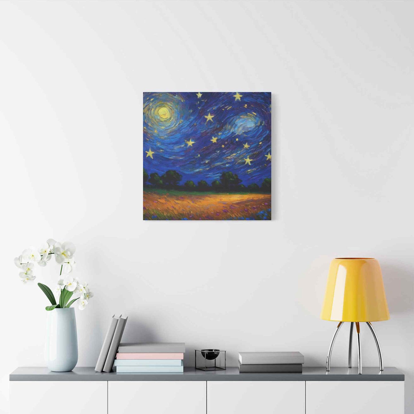 Starry Night Print Canvas, Oil Paint Print 20x20, 24x24, 30x30, 32x32, 36x36 Art Design Print Pine-Wood Inner Frame MC-39