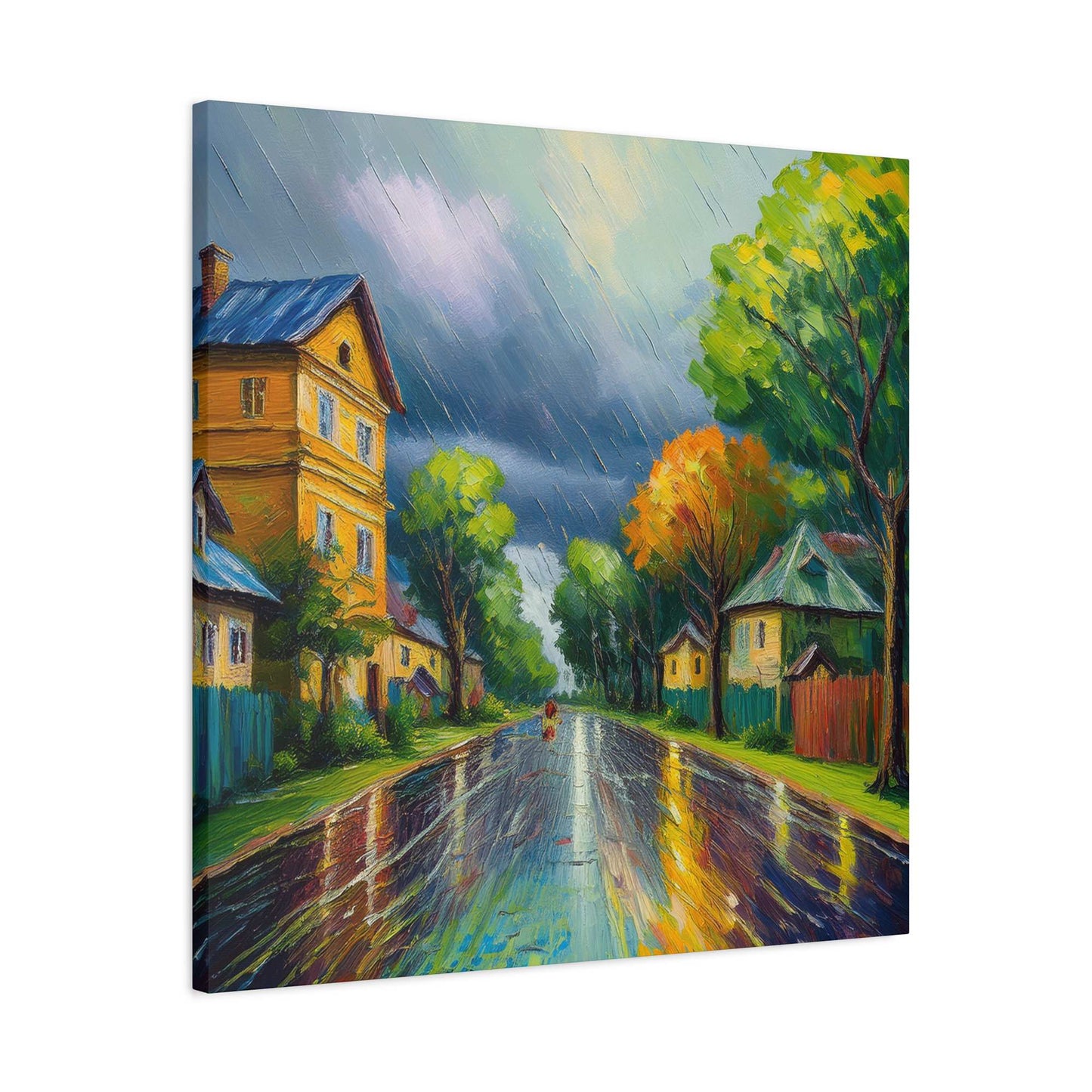Rainy Village Street Canvas, Matte Oil Paint Print 20x20, 24x24, 30x30, 32x32, 36x36, Art Design Print Non-Frame MC-1