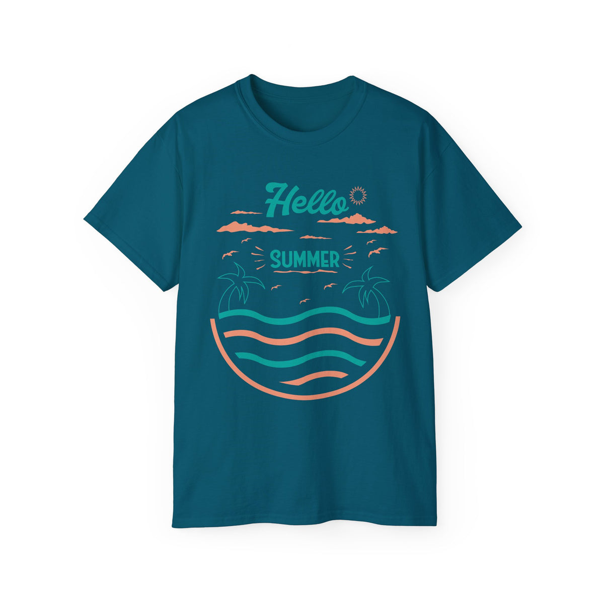 Hello Summer Beach Waves T-Shirt | Palm Tree Sunset Tee