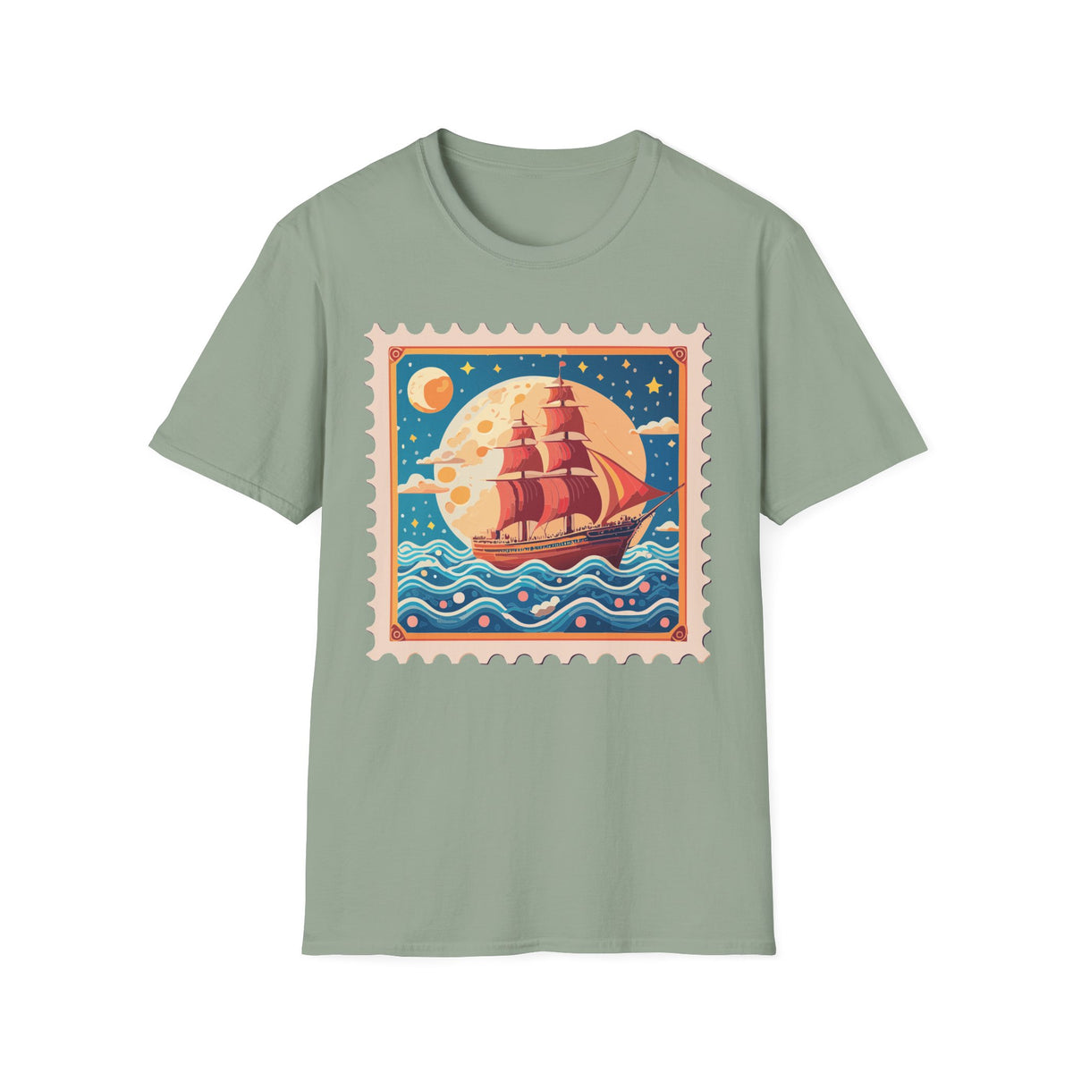 Vintage Sailing Ship Stamp T-Shirt | Retro Moon Ocean Illustration