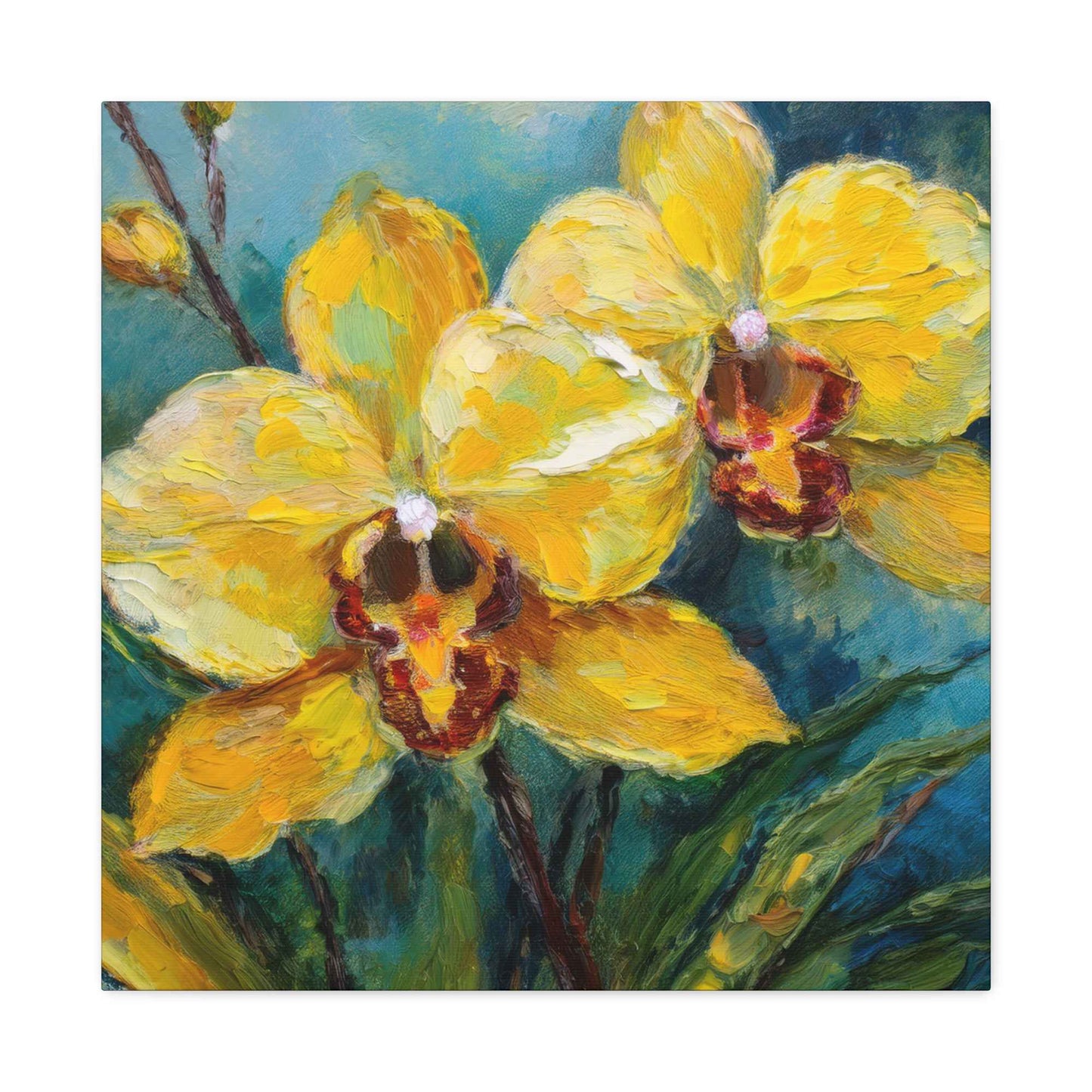 Yellow Orchids Print Canvas, Floral Oil Paint Print 20x20, 24x24, 30x30, 32x32, 36x36 Art Design Pine-Wood Inner Frame MC-139