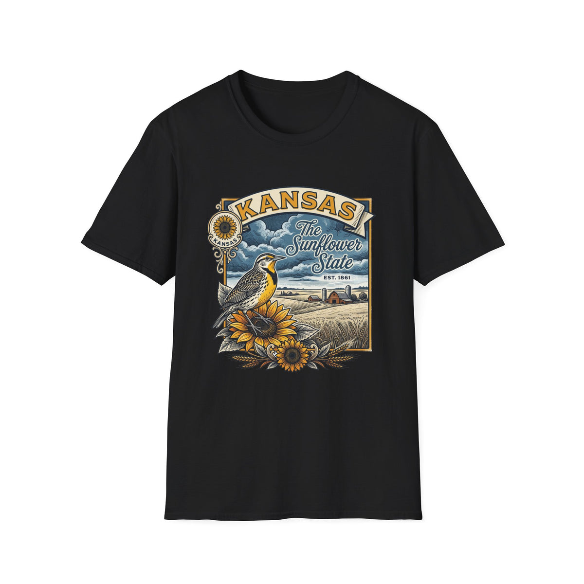 Kansas Sunflower State T-Shirt | Meadow Bird Vintage Travel Tourist Graphic Design Unisex 100 Cotton Gildan T-Shirt
