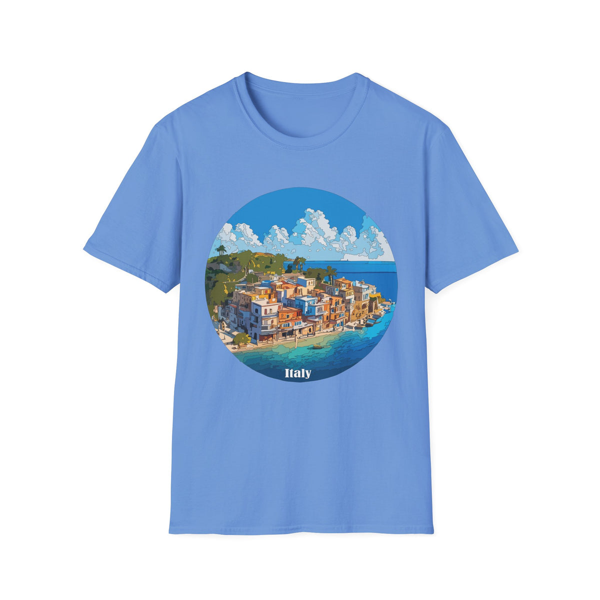 Coastal Italy Village Illustration T-Shirt | Mediterranean Seaside Graphic Tee