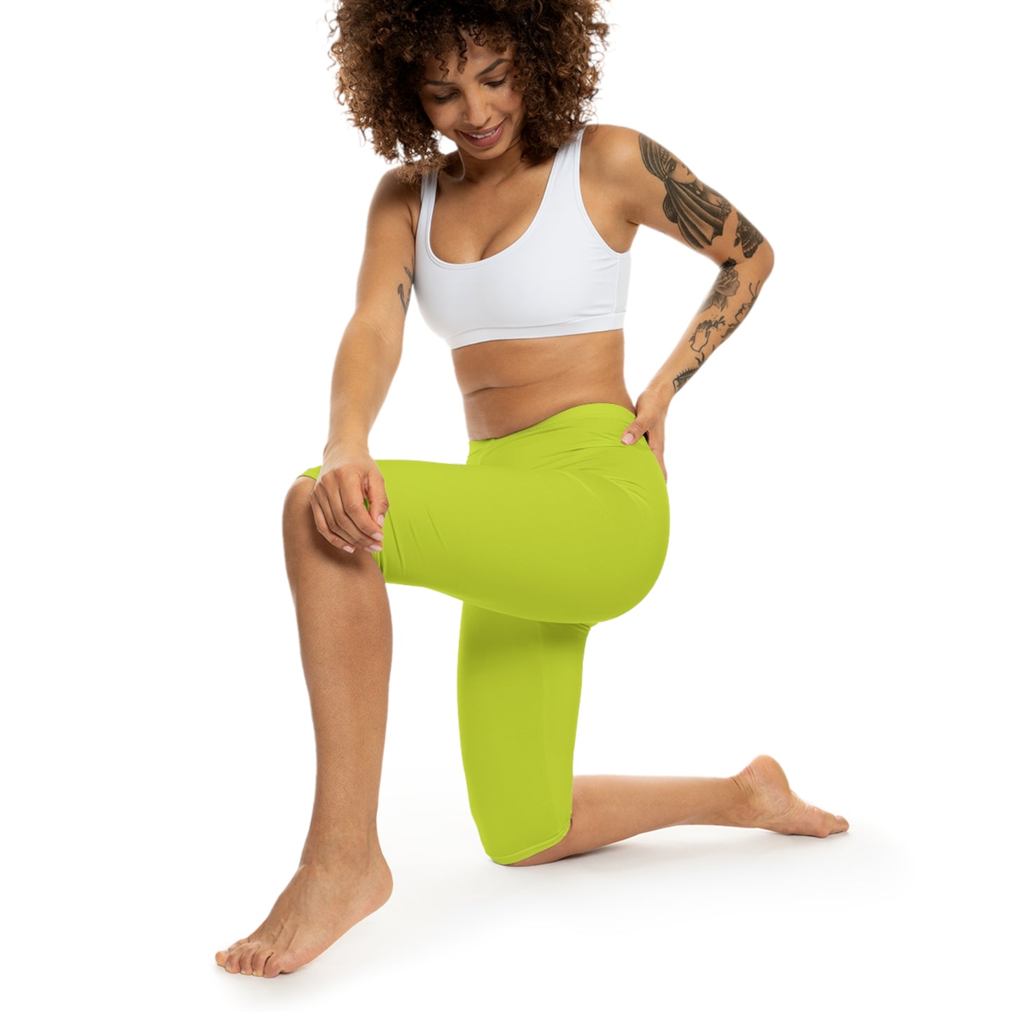 Bright Lime Color Women's Brushed Suede Poly Span Casual Capri Leggings XS-2XL