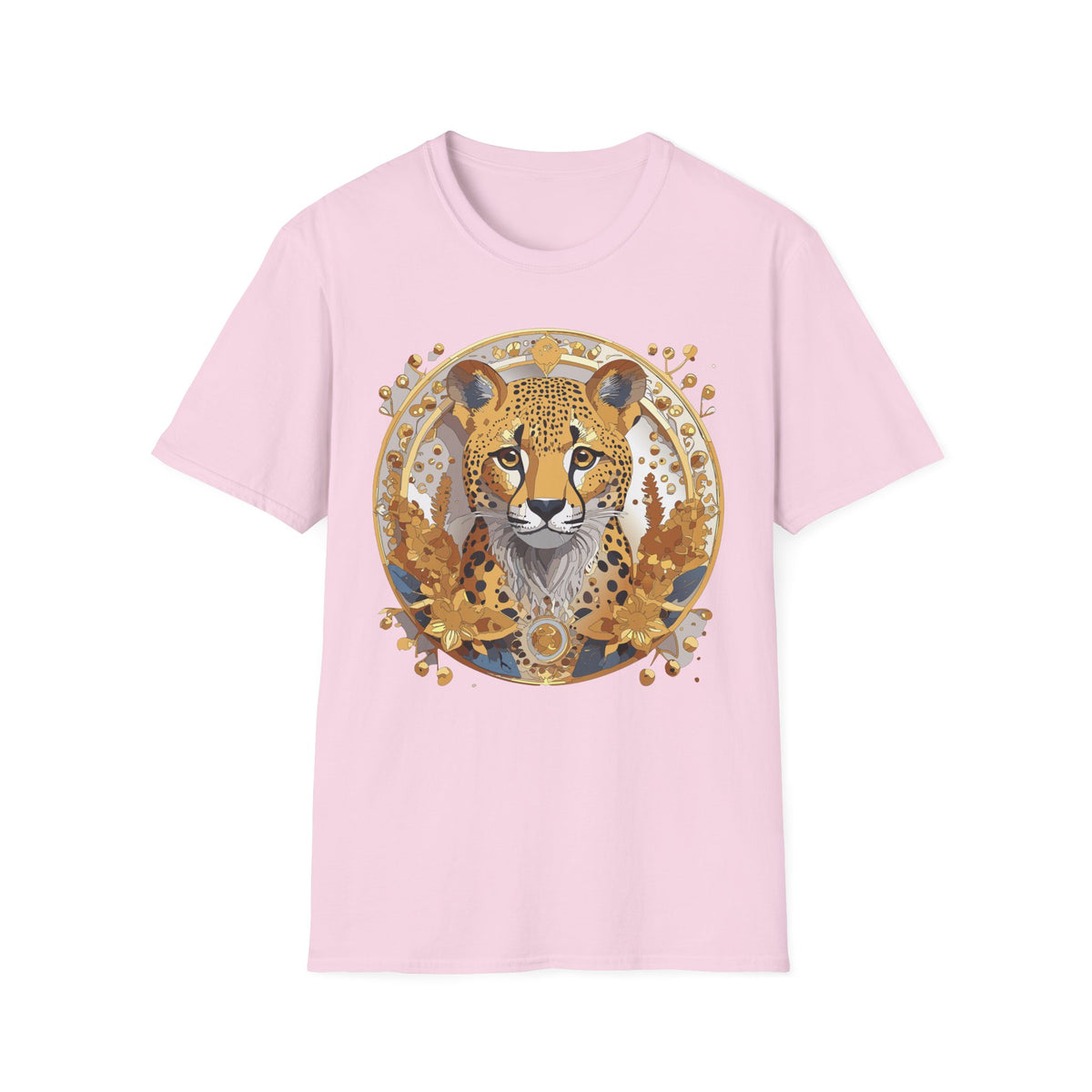 Golden Cheetah Face T-Shirt | Floral Accent, Boho Circle Design