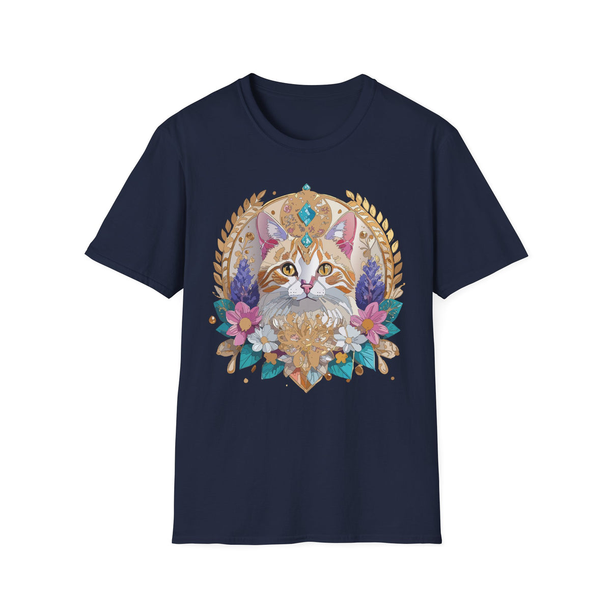 Regal Cat Mandala T-Shirt | Boho Kitty Illustration, Floral Crescent