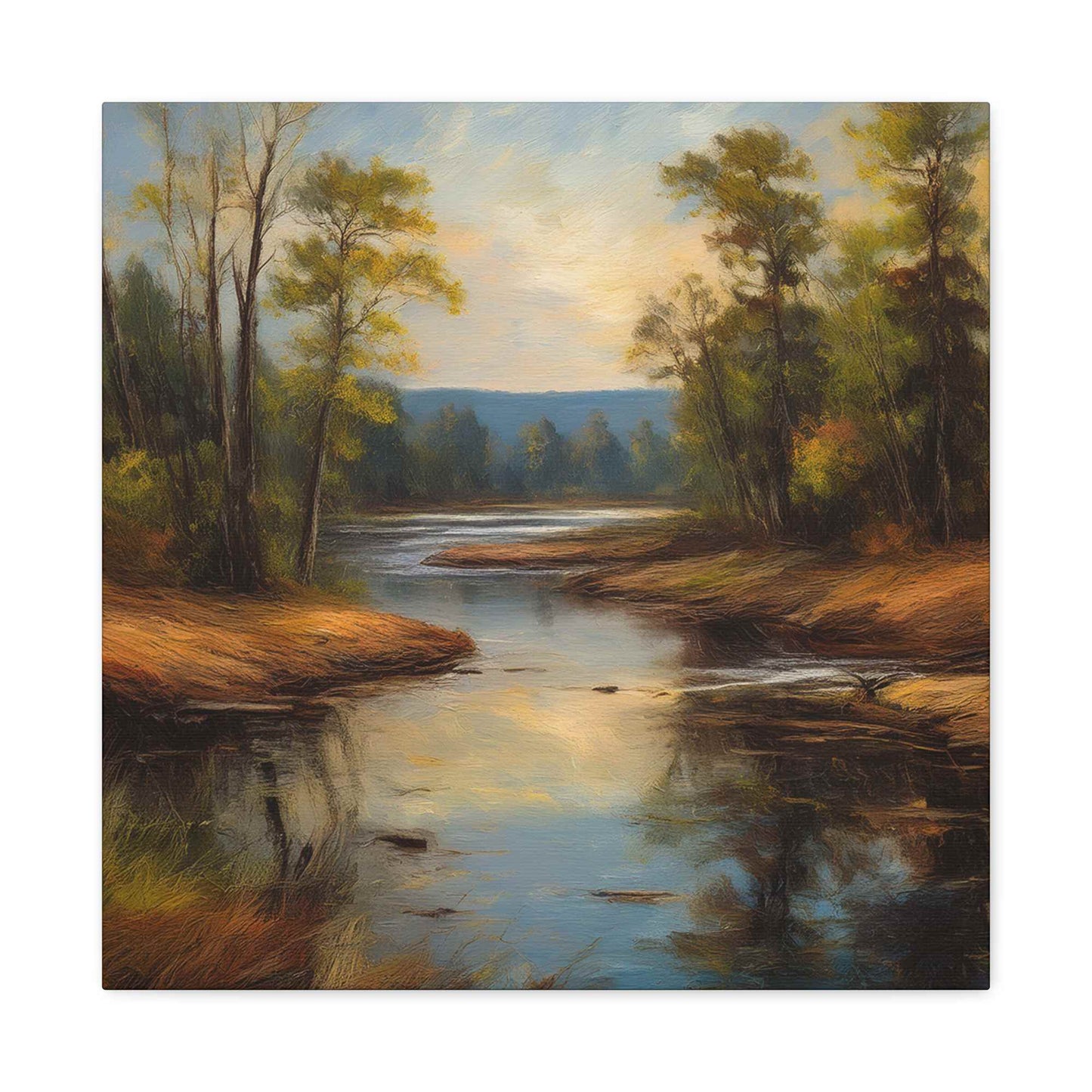 River Print Canvas, Landscape Oil Paint Print 20x20, 24x24, 30x30, 32x32, 36x36 Art Design Print Pine-Wood Inner Frame MC-51