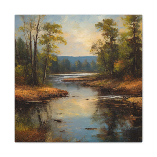 River Print Canvas, Landscape Oil Paint Print 20x20, 24x24, 30x30, 32x32, 36x36 Art Design Print Pine-Wood Inner Frame MC-51