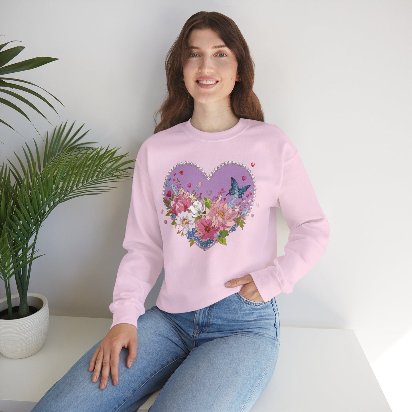 Floral Heart Sweatshirt Unisex Crewneck Valentines Day Heavy Blend Gildan 18000 Cozy Warm