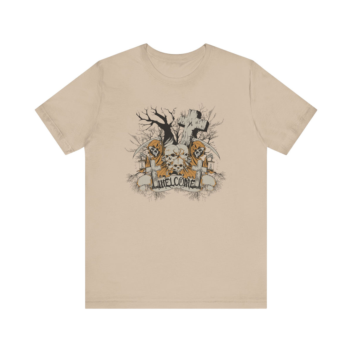 Skull Graveyard Welcome Tee Halloween Haunted Tree Cross Tombstone Unisex Cotton Art-50