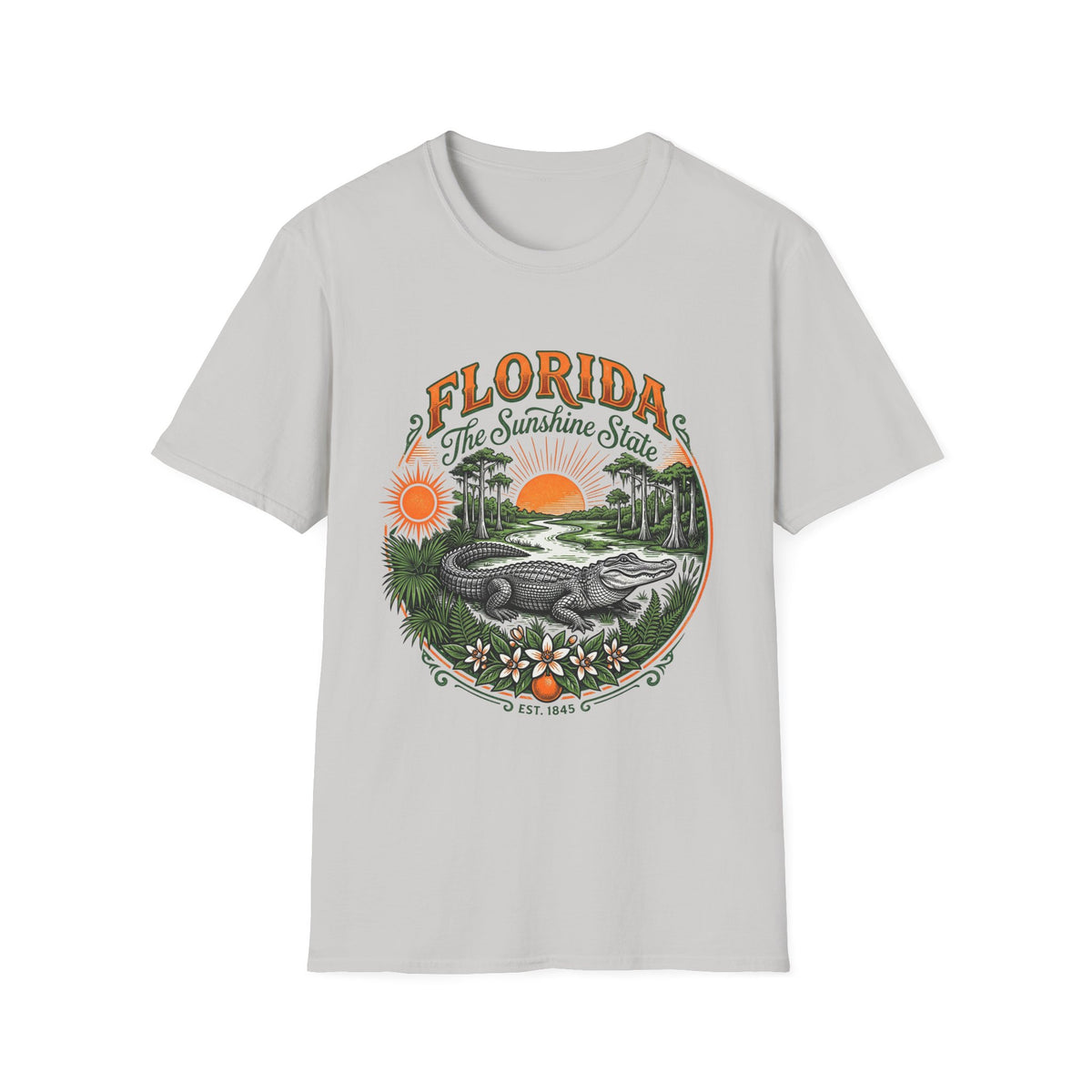 Florida The Sunshine State T-Shirt — Vintage Alligator Sunset Travel Tourist Graphic Design Unisex 100 Cotton Gildan T-Shirt