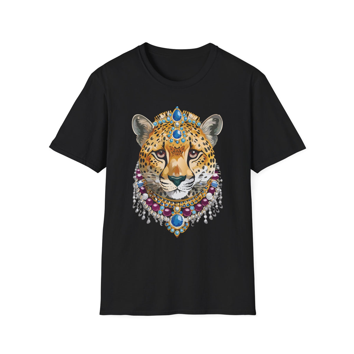 Jeweled Cheetah Face T-Shirt | Ornate Gemstone Leopard Illustration