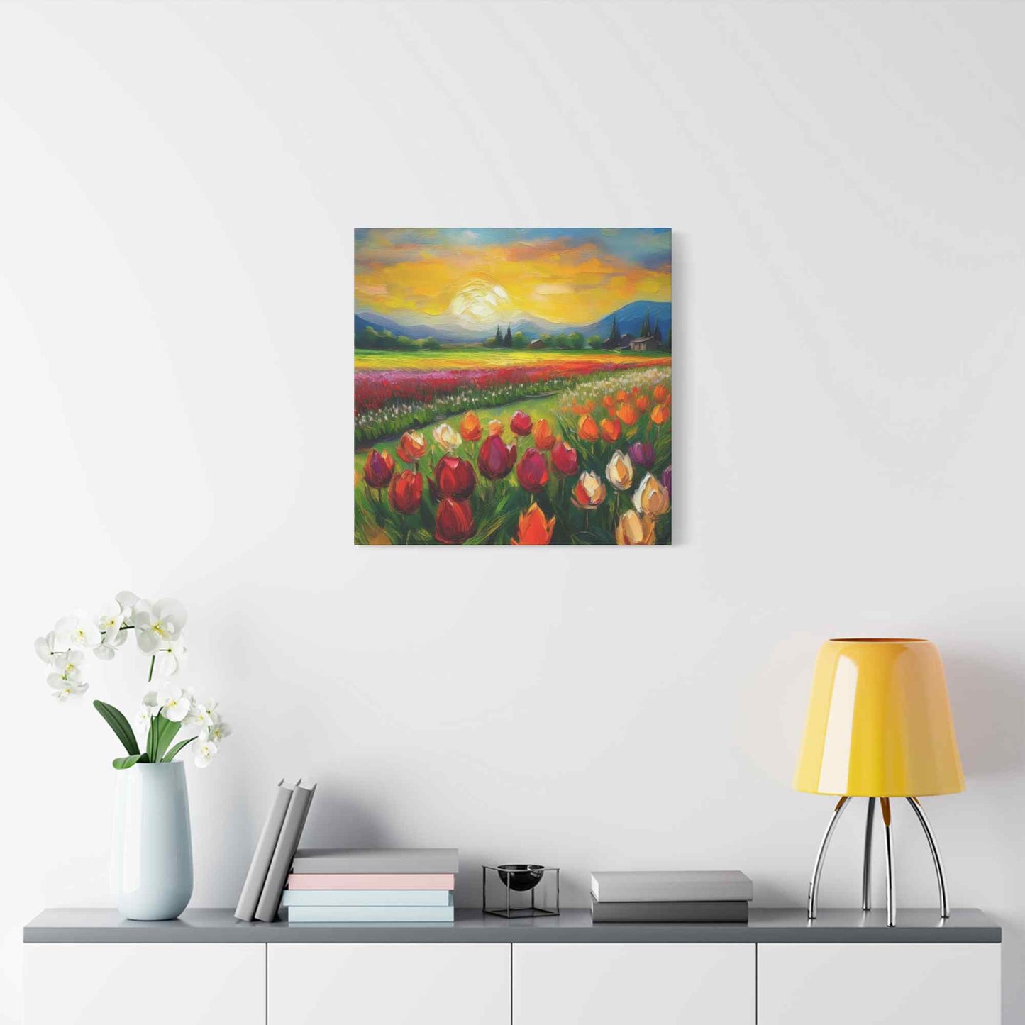 Tulips Fields Print Canvas, Floral Oil Paint Print 20x20, 24x24, 30x30, 32x32, 36x36 Art Design Pine-Wood Inner Frame MC-149